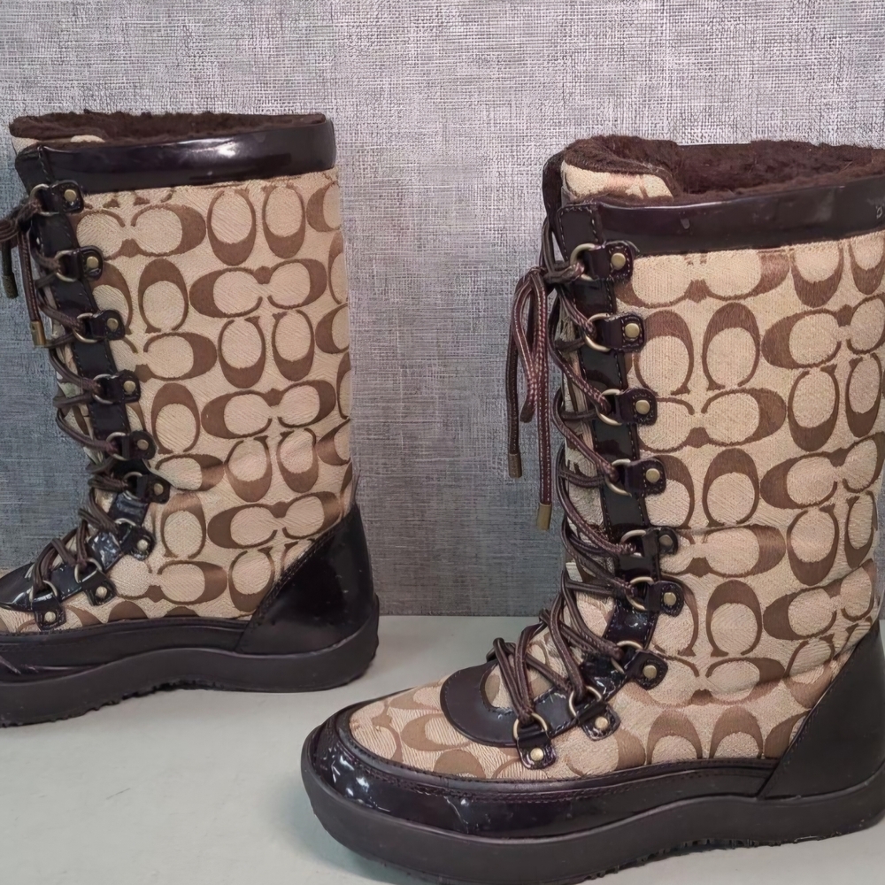 COACH Women’s Signature Logo Lace-Up Winter Boots in Brown - Picture 2 of 7